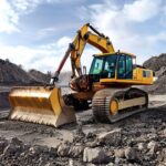 Excavadora, compactador y motoniveladora trabajando en secuencia en obra industrial